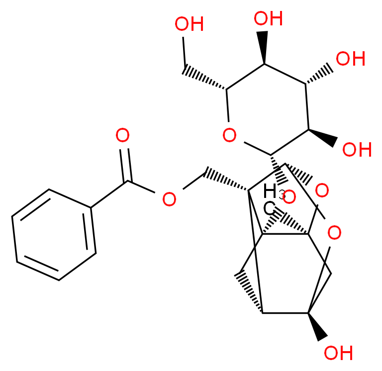 [(1R,2S,3R,5R,6R,8S)-6-hydroxy-8-methyl-3-{[(2S,3R,4S,5S,6R)-3,4,5-trihydroxy-6-(hydroxymethyl)oxan-2-yl]oxy}-9,10-dioxatetracyclo[4.3.1.0<sup>2</sup>,<sup>5</sup>.0<sup>3</sup>,<sup>8</sup>]decan-2-yl]methyl benzoate_分子结构_CAS_23180-57-6