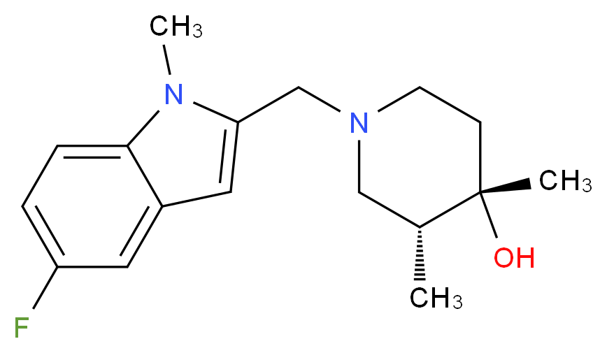 (3R*,4S*)-1-[(5-fluoro-1-methyl-1H-indol-2-yl)methyl]-3,4-dimethylpiperidin-4-ol_分子结构_CAS_)