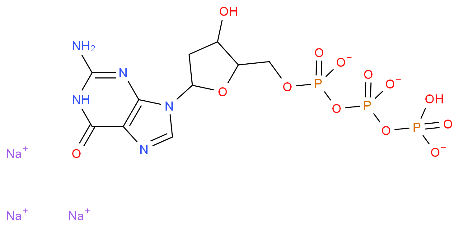 trisodium ({[5-(2-amino-6-oxo-6,9-dihydro-1H-purin-9-yl)-3-hydroxyoxolan-2-yl]methyl phosphonato}oxy)(hydrogen phosphonatooxy)phosphinate_分子结构_CAS_93919-41-6