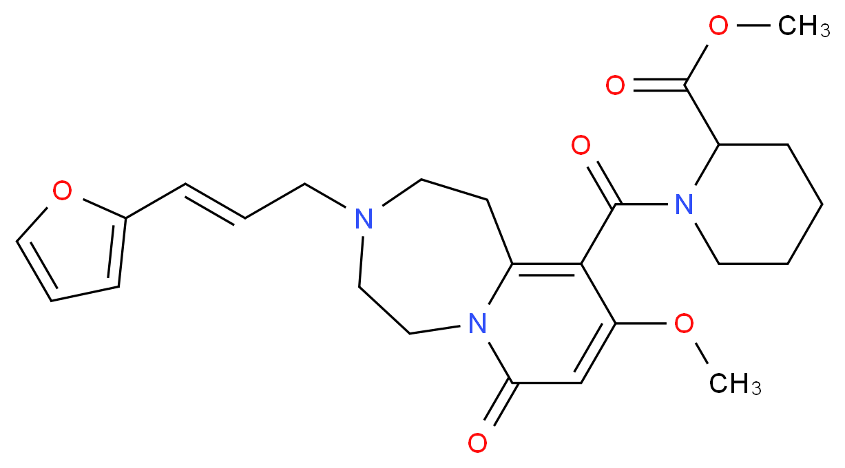 methyl 1-({3-[(2E)-3-(2-furyl)-2-propen-1-yl]-9-methoxy-7-oxo-1,2,3,4,5,7-hexahydropyrido[1,2-d][1,4]diazepin-10-yl}carbonyl)-2-piperidinecarboxylate_分子结构_CAS_)