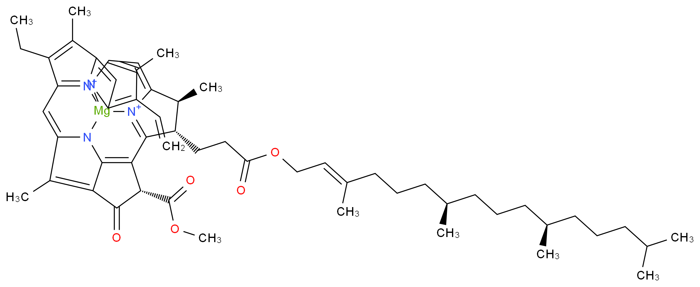 (5S,22S,23S)-17-ethenyl-12-ethyl-5-(methoxycarbonyl)-8,13,18,22-tetramethyl-6-oxo-23-(3-oxo-3-{[(2E,7R,11R)-3,7,11,15-tetramethylhexadec-2-en-1-yl]oxy}propyl)-2,25$l^{5},26$l^{5},27-tetraaza-1-magnesanonacyclo[12.11.1.1^{1,16}.0^{2,9}.0^{3,7}.0^{4,24}.0^{11,26}.0^{21,25}.0^{19,27}]heptacosa-3,7,9,11(26),12,14,16,18,20,24-decaene-25,26-bis(ylium)_分子结构_CAS_479-61-8