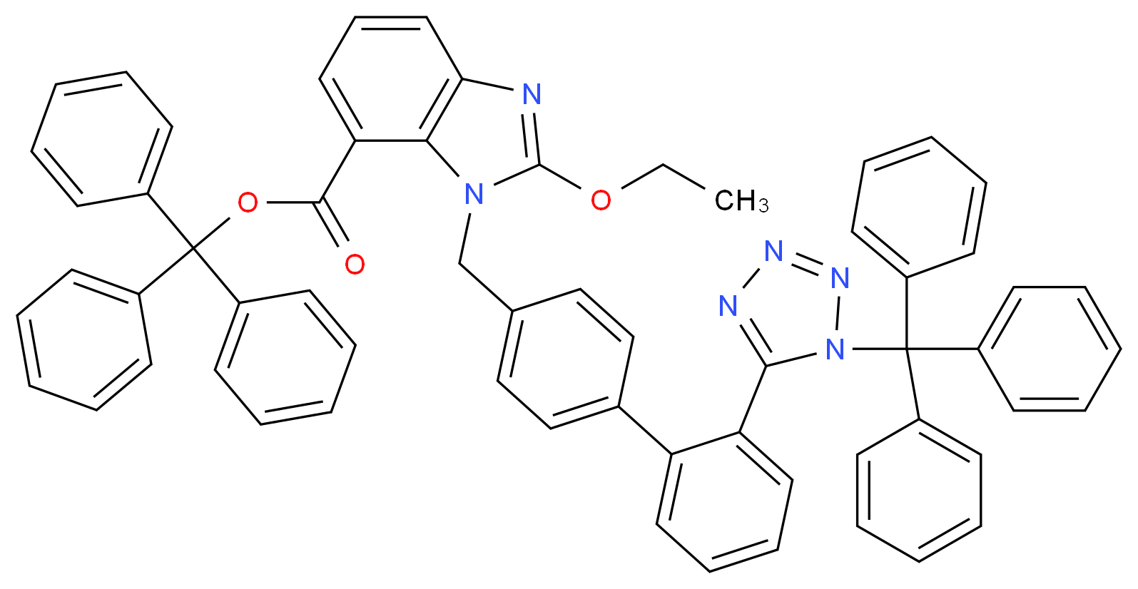 triphenylmethyl 2-ethoxy-1-[(4-{2-[1-(triphenylmethyl)-1H-1,2,3,4-tetrazol-5-yl]phenyl}phenyl)methyl]-1H-1,3-benzodiazole-7-carboxylate_分子结构_CAS_1215772-81-8