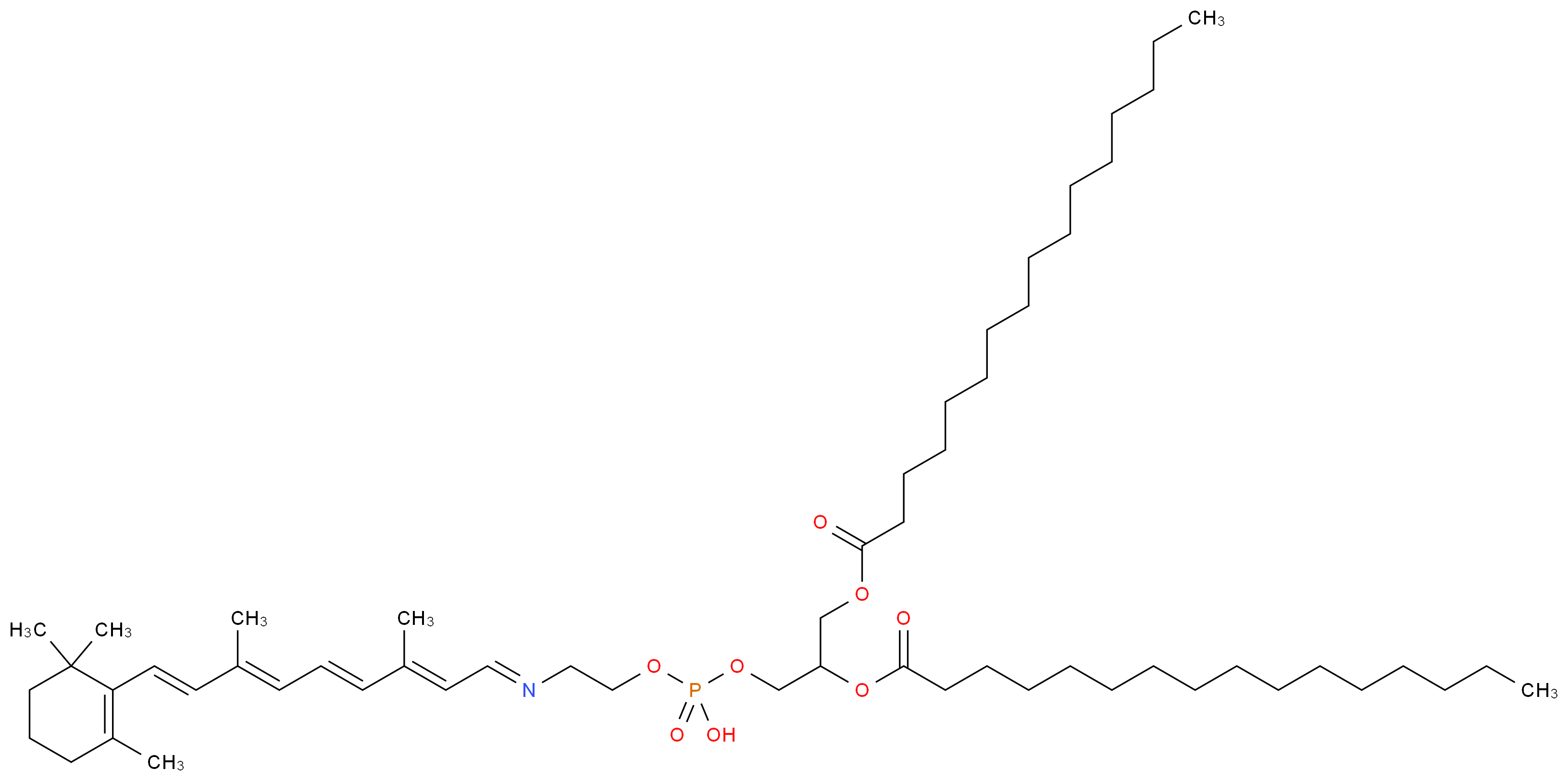 [2,3-bis(hexadecanoyloxy)propoxy]({2-[(E)-[(2E,4E,6E,8E)-3,7-dimethyl-9-(2,6,6-trimethylcyclohex-1-en-1-yl)nona-2,4,6,8-tetraen-1-ylidene]amino]ethoxy})phosphinic acid_分子结构_CAS_30576-47-7