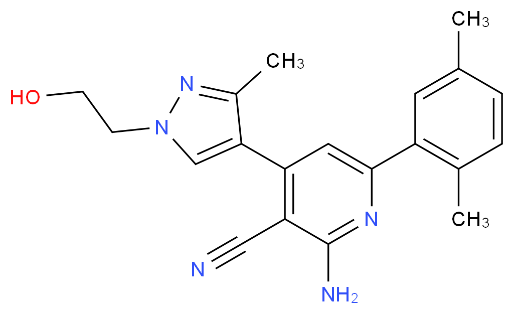 2-amino-6-(2,5-dimethylphenyl)-4-[1-(2-hydroxyethyl)-3-methyl-1H-pyrazol-4-yl]nicotinonitrile_分子结构_CAS_)