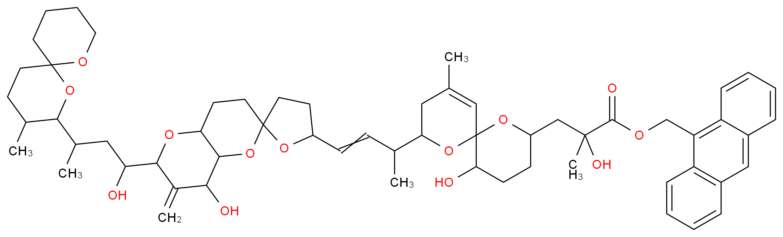 anthracen-9-ylmethyl 2-hydroxy-3-(5-hydroxy-8-{4-[8'-hydroxy-6'-(1-hydroxy-3-{3-methyl-1,7-dioxaspiro[5.5]undecan-2-yl}butyl)-7'-methylidene-hexahydro-3'H-spiro[oxolane-2,2'-pyrano[3,2-b]pyran]-5-yl]but-3-en-2-yl}-10-methyl-1,7-dioxaspiro[5.5]undec-10-en-2-yl)-2-methylpropanoate_分子结构_CAS_157606-35-4