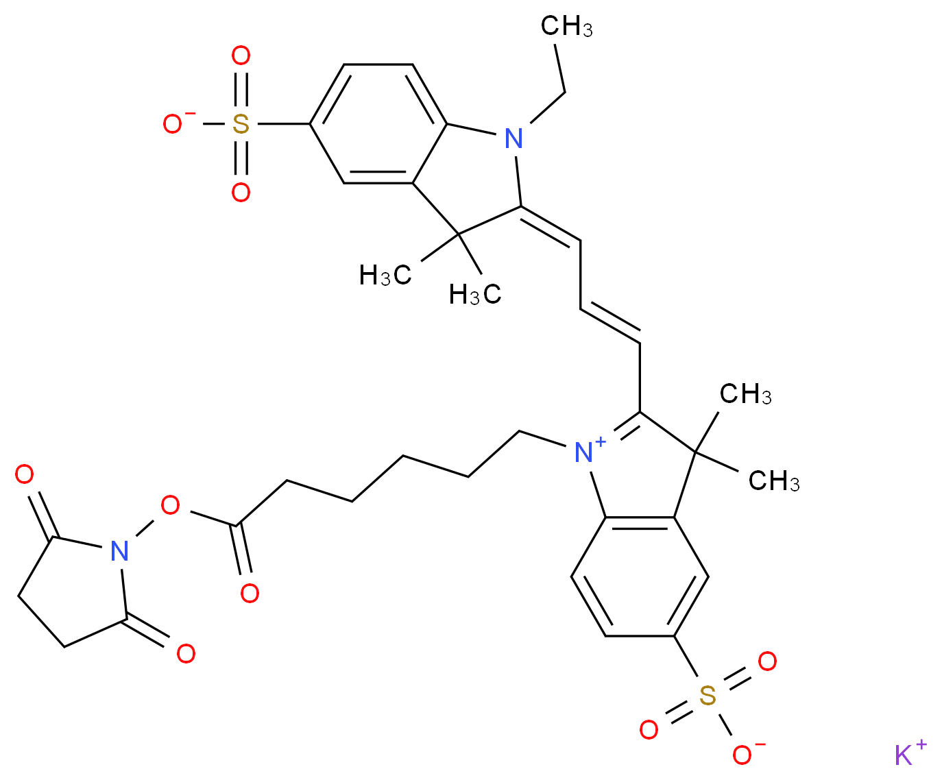 Cyanine 3 Monofunctional Hexanoic Acid Dye, Succinimidyl Ester, Potassium Salt 85%_分子结构_CAS_945529-56-6)