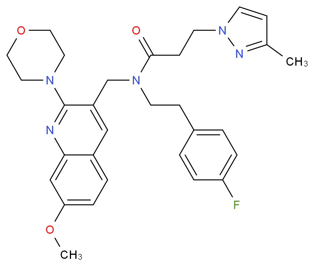 N-[2-(4-fluorophenyl)ethyl]-N-{[7-methoxy-2-(4-morpholinyl)-3-quinolinyl]methyl}-3-(3-methyl-1H-pyrazol-1-yl)propanamide_分子结构_CAS_)