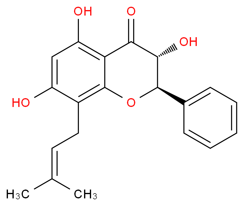 (2R,3R)-3,5,7-trihydroxy-8-(3-methylbut-2-en-1-yl)-2-phenyl-3,4-dihydro-2H-1-benzopyran-4-one_分子结构_CAS_87440-56-0