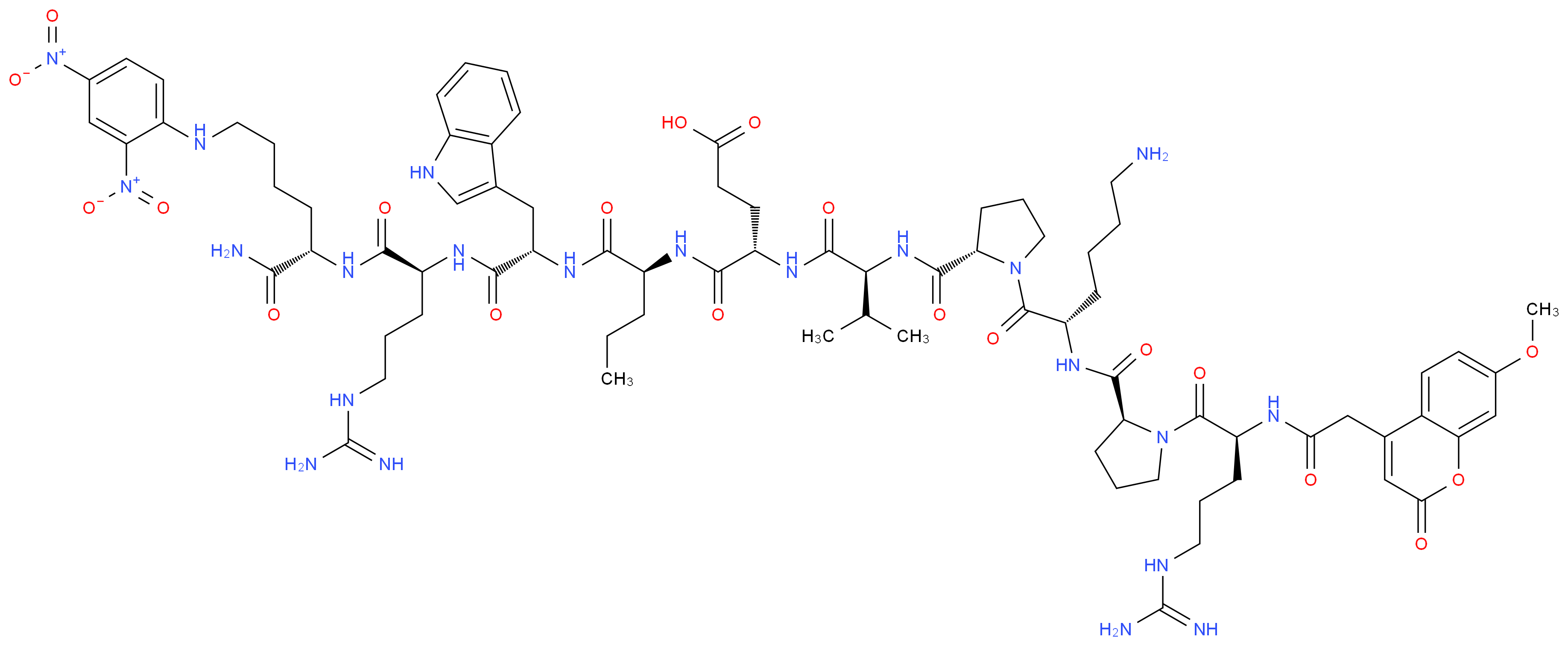 (4S)-4-[(2S)-2-{[(2S)-1-[(2S)-6-amino-2-{[(2S)-1-[(2S)-5-carbamimidamido-2-[2-(7-methoxy-2-oxo-2H-chromen-4-yl)acetamido]pentanoyl]pyrrolidin-2-yl]formamido}hexanoyl]pyrrolidin-2-yl]formamido}-3-methylbutanamido]-4-{[(1S)-1-{[(1S)-1-{[(1S)-4-carbamimidamido-1-{[(1S)-1-carbamoyl-5-[(2,4-dinitrophenyl)amino]pentyl]carbamoyl}butyl]carbamoyl}-2-(1H-indol-3-yl)ethyl]carbamoyl}butyl]carbamoyl}butanoic acid_分子结构_CAS_158584-09-9