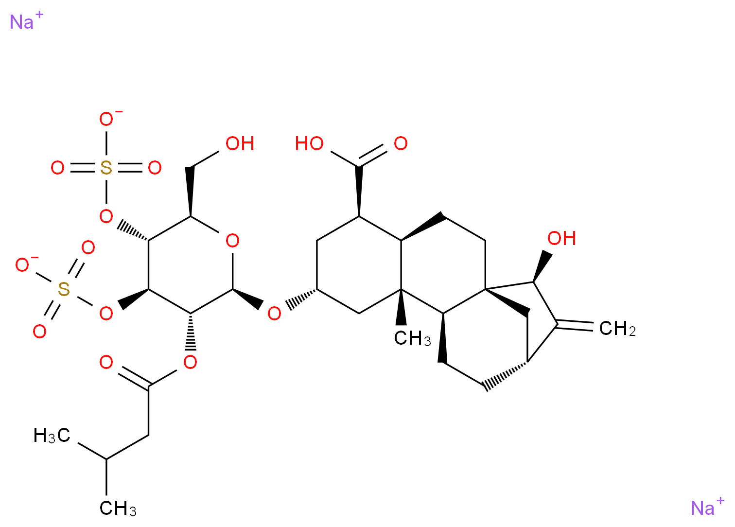 disodium (2R,3R,4R,5R,6R)-6-{[(1R,4R,5R,7R,9R,10S,13R,15S)-5-carboxy-15-hydroxy-9-methyl-14-methylidenetetracyclo[11.2.1.0<sup>1</sup>,<sup>1</sup><sup>0</sup>.0<sup>4</sup>,<sup>9</sup>]hexadecan-7-yl]oxy}-2-(hydroxymethyl)-5-[(3-methylbutanoyl)oxy]-4-(sulfonatooxy)oxan-3-yl sulfate_分子结构_CAS_100938-11-2