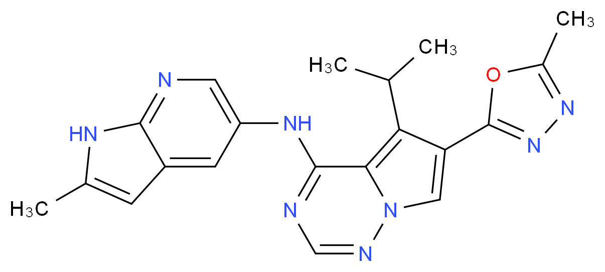 6-(5-methyl-1,3,4-oxadiazol-2-yl)-N-{2-methyl-1H-pyrrolo[2,3-b]pyridin-5-yl}-5-(propan-2-yl)pyrrolo[2,1-f][1,2,4]triazin-4-amine_分子结构_CAS_651744-16-0