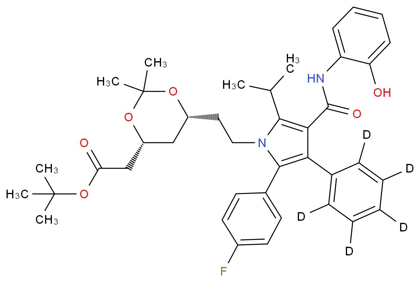 tert-butyl 2-[(4R,6R)-6-{2-[2-(4-fluorophenyl)-4-[(2-hydroxyphenyl)carbamoyl]-3-(<sup>2</sup>H<sub>5</sub>)phenyl-5-(propan-2-yl)-1H-pyrrol-1-yl]ethyl}-2,2-dimethyl-1,3-dioxan-4-yl]acetate_分子结构_CAS_265989-42-2