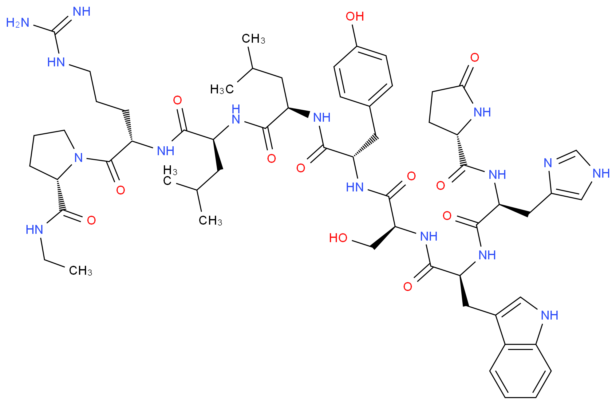 (2S)-1-[(2S)-5-carbamimidamido-2-[(2S)-2-[(2R)-2-[(2S)-2-[(2S)-3-hydroxy-2-[(2S)-2-[(2S)-3-(1H-imidazol-4-yl)-2-{[(2S)-5-oxopyrrolidin-2-yl]formamido}propanamido]-3-(1H-indol-3-yl)propanamido]propanamido]-3-(4-hydroxyphenyl)propanamido]-4-methylpentanamido]-4-methylpentanamido]pentanoyl]-N-ethylpyrrolidine-2-carboxamide_分子结构_CAS_74381-53-6