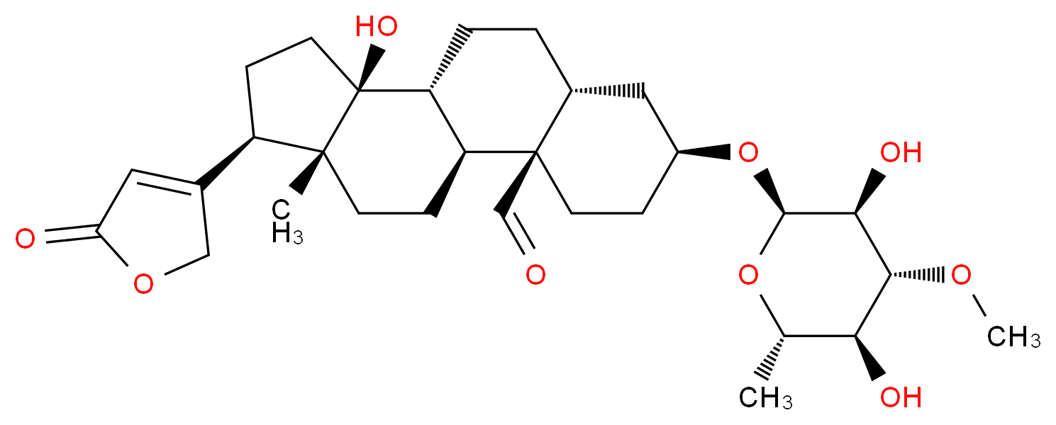 (1S,2R,5S,7R,10R,11S,14R,15R)-5-{[(2R,3S,4R,5S,6S)-3,5-dihydroxy-4-methoxy-6-methyloxan-2-yl]oxy}-11-hydroxy-15-methyl-14-(5-oxo-2,5-dihydrofuran-3-yl)tetracyclo[8.7.0.0<sup>2</sup>,<sup>7</sup>.0<sup>1</sup><sup>1</sup>,<sup>1</sup><sup>5</sup>]heptadecane-2-carbaldehyde_分子结构_CAS_1182-87-2