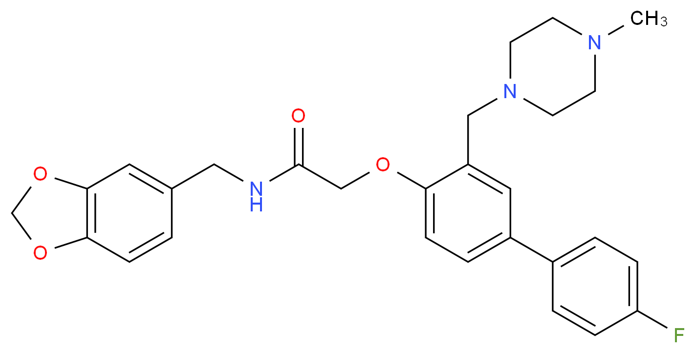 N-(1,3-benzodioxol-5-ylmethyl)-2-({4'-fluoro-3-[(4-methyl-1-piperazinyl)methyl]-4-biphenylyl}oxy)acetamide_分子结构_CAS_)