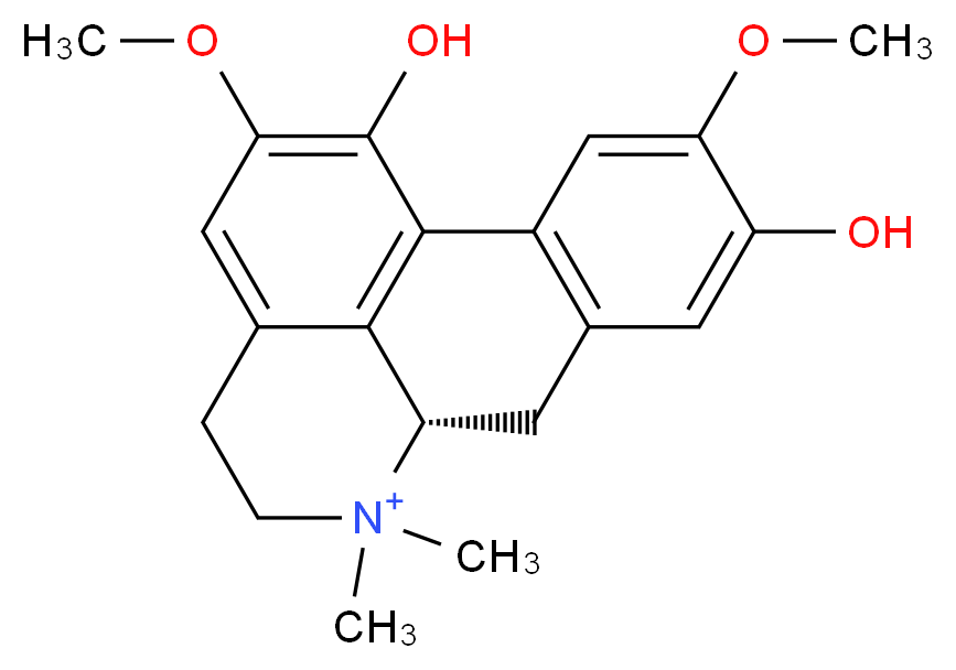 (9S)-5,16-dihydroxy-4,15-dimethoxy-10,10-dimethyl-10-azatetracyclo[7.7.1.0<sup>2</sup>,<sup>7</sup>.0<sup>1</sup><sup>3</sup>,<sup>1</sup><sup>7</sup>]heptadeca-1(17),2(7),3,5,13,15-hexaen-10-ium_分子结构_CAS_7224-61-5