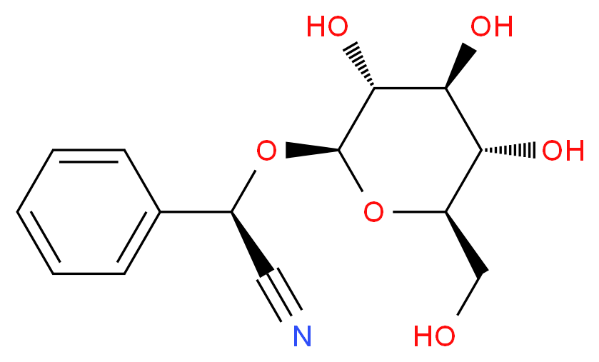 (2R)-2-phenyl-2-{[(2R,3R,4S,5S,6R)-3,4,5-trihydroxy-6-(hydroxymethyl)oxan-2-yl]oxy}acetonitrile_分子结构_CAS_99-18-3