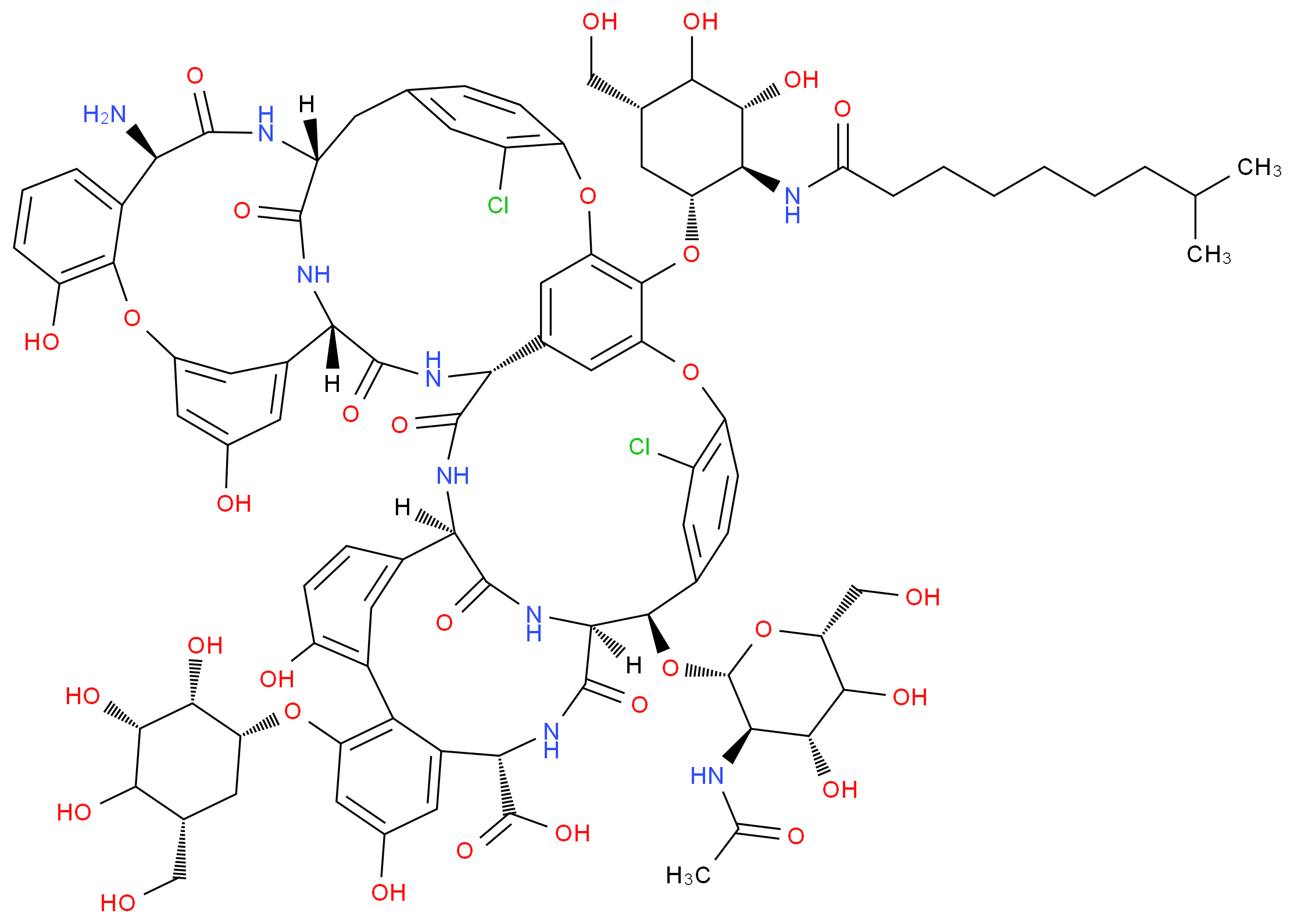 (1R,18R,19S,22S,34R,37R,40S,53R)-53-amino-5,15-dichloro-64-{[(1R,2R,3R,5R)-3,4-dihydroxy-5-(hydroxymethyl)-2-(8-methylnonanamido)cyclohexyl]oxy}-18-{[(2R,3R,4R,6R)-3-acetamido-4,5-dihydroxy-6-(hydroxymethyl)oxan-2-yl]oxy}-25,30,43,48-tetrahydroxy-20,36,39,54,56,59-hexaoxo-27-{[(1R,2S,3S,5R)-2,3,4-trihydroxy-5-(hydroxymethyl)cyclohexyl]oxy}-7,13,46-trioxa-21,35,38,55,57,60-hexaazaundecacyclo[38.15.2.2<sup>3</sup>,<sup>6</sup>.2<sup>1</sup><sup>4</sup>,<sup>1</sup><sup>7</sup>.2<sup>1</sup><sup>9</sup>,<sup>3</sup><sup>4</sup>.1<sup>8</sup>,<sup>1</sup><sup>2</sup>.1<sup>2</sup><sup>9</sup>,<sup>3</sup><sup>3</sup>.1<sup>4</sup><sup>1</sup>,<sup>4</sup><sup>5</sup>.0<sup>1</sup><sup>0</sup>,<sup>3</sup><sup>7</sup>.0<sup>2</sup><sup>3</sup>,<sup>2</sup><sup>8</sup>.0<sup>4</sup><sup>7</sup>,<sup>5</sup><sup>2</sup>]hexahexaconta-3,5,8,10,12(64),14,16,23(28),24,26,29(61),30,32,41(58),42,44,47(52),48,50,62,65-henicosaene-22-carboxylic acid_分子结构_CAS_61036-62-2