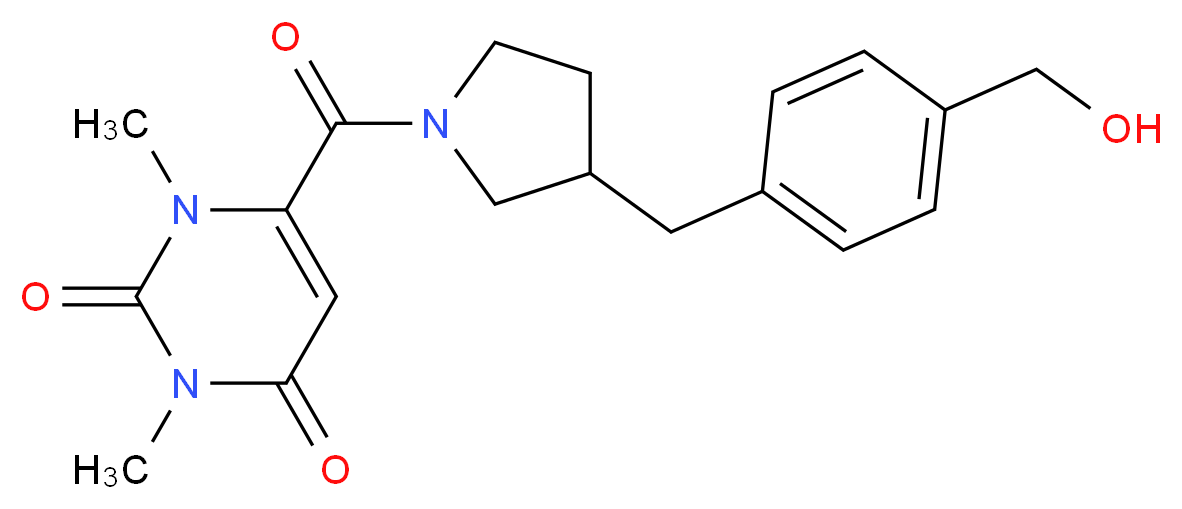 6-({3-[4-(hydroxymethyl)benzyl]pyrrolidin-1-yl}carbonyl)-1,3-dimethylpyrimidine-2,4(1H,3H)-dione_分子结构_CAS_)