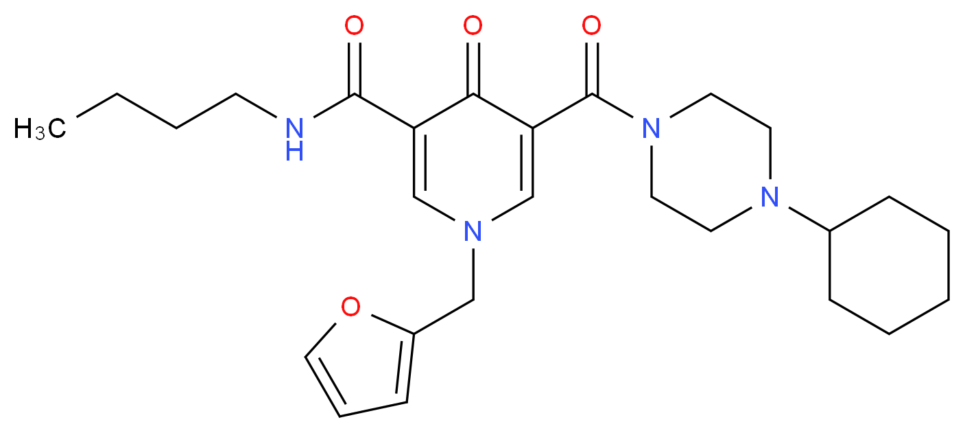 N-butyl-5-[(4-cyclohexyl-1-piperazinyl)carbonyl]-1-(2-furylmethyl)-4-oxo-1,4-dihydro-3-pyridinecarboxamide_分子结构_CAS_)