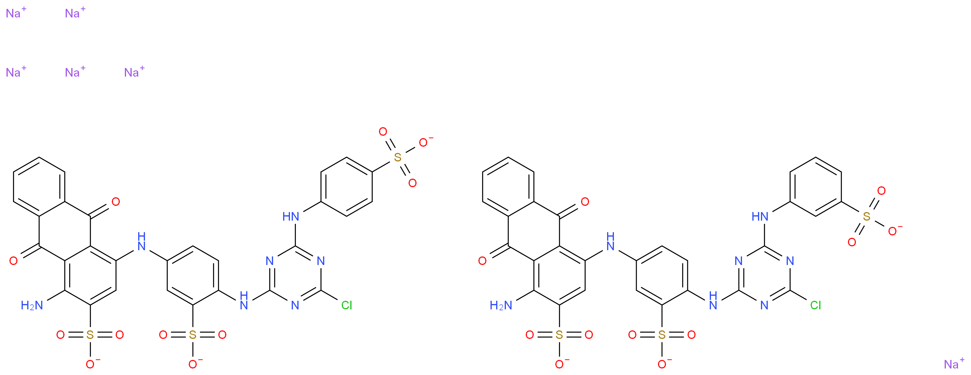 hexasodium 1-amino-4-{[4-({4-chloro-6-[(3-sulfonatophenyl)amino]-1,3,5-triazin-2-yl}amino)-3-sulfonatophenyl]amino}-9,10-dioxo-9,10-dihydroanthracene-2-sulfonate 1-amino-4-{[4-({4-chloro-6-[(4-sulfonatophenyl)amino]-1,3,5-triazin-2-yl}amino)-3-sulfonatophenyl]amino}-9,10-dioxo-9,10-dihydroanthracene-2-sulfonate_分子结构_CAS_12236-82-7