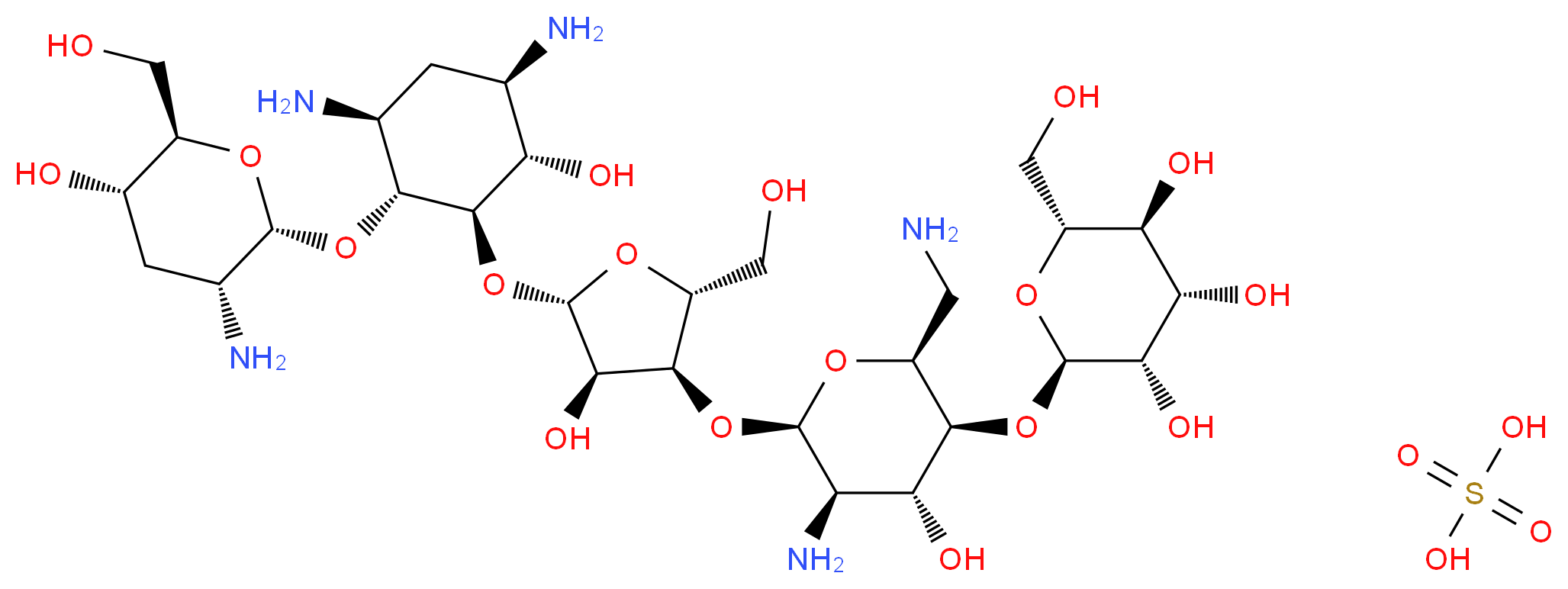 (2R,3S,4S,5S,6R)-2-{[(2S,3S,4R,5R,6R)-5-amino-2-(aminomethyl)-6-{[(2R,3S,4R,5S)-5-{[(1R,2R,3S,5R,6S)-3,5-diamino-2-{[(2S,3R,5S,6R)-3-amino-5-hydroxy-6-(hydroxymethyl)oxan-2-yl]oxy}-6-hydroxycyclohexyl]oxy}-4-hydroxy-2-(hydroxymethyl)oxolan-3-yl]oxy}-4-hydroxyoxan-3-yl]oxy}-6-(hydroxymethyl)oxane-3,4,5-triol; sulfuric acid_分子结构_CAS_54911-32-9