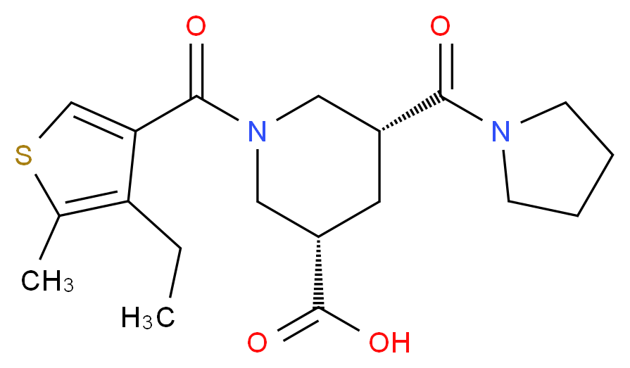(3S*,5R*)-1-[(4-ethyl-5-methyl-3-thienyl)carbonyl]-5-(1-pyrrolidinylcarbonyl)-3-piperidinecarboxylic acid_分子结构_CAS_)
