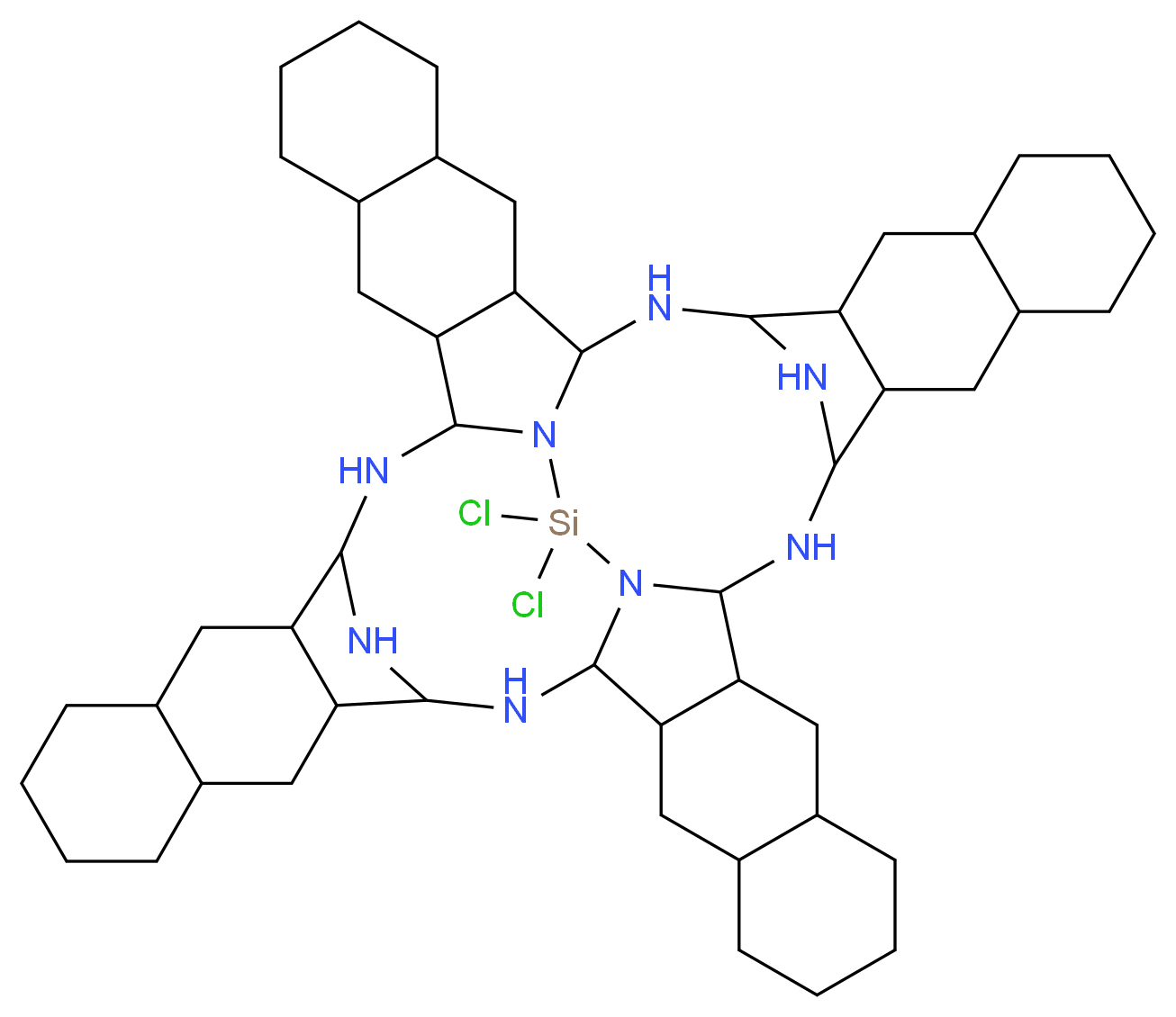 54,54-dichloro-13,26,39,52,53,55,56,57-octaaza-54-silatetradecacyclo[25.25.3.1<sup>1</sup><sup>4</sup>,<sup>2</sup><sup>5</sup>.1<sup>4</sup><sup>0</sup>,<sup>5</sup><sup>1</sup>.0<sup>2</sup>,<sup>1</sup><sup>1</sup>.0<sup>4</sup>,<sup>9</sup>.0<sup>1</sup><sup>2</sup>,<sup>5</sup><sup>3</sup>.0<sup>1</sup><sup>5</sup>,<sup>2</sup><sup>4</sup>.0<sup>1</sup><sup>7</sup>,<sup>2</sup><sup>2</sup>.0<sup>2</sup><sup>8</sup>,<sup>3</sup><sup>7</sup>.0<sup>3</sup><sup>0</sup>,<sup>3</sup><sup>5</sup>.0<sup>3</sup><sup>8</sup>,<sup>5</sup><sup>5</sup>.0<sup>4</sup><sup>1</sup>,<sup>5</sup><sup>0</sup>.0<sup>4</sup><sup>3</sup>,<sup>4</sup><sup>8</sup>]heptapentacontane_分子结构_CAS_92396-91-3