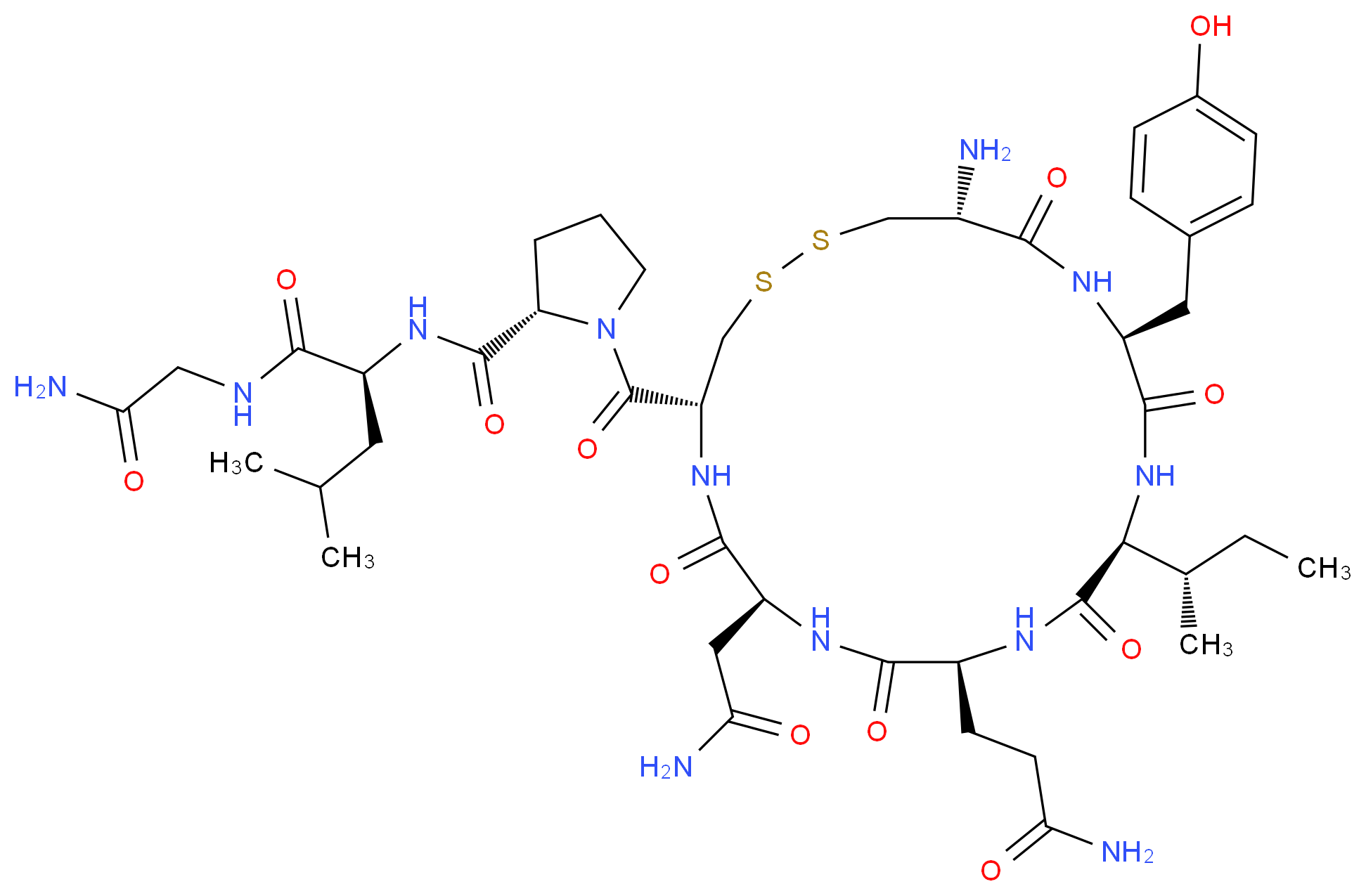 (2S)-2-{[(2S)-1-[(4R,7S,10S,13S,16S,19R)-19-amino-13-[(2S)-butan-2-yl]-10-(2-carbamoylethyl)-7-(carbamoylmethyl)-16-[(4-hydroxyphenyl)methyl]-6,9,12,15,18-pentaoxo-1,2-dithia-5,8,11,14,17-pentaazacycloicosane-4-carbonyl]pyrrolidin-2-yl]formamido}-N-(carbamoylmethyl)-4-methylpentanamide_分子结构_CAS_50-56-6