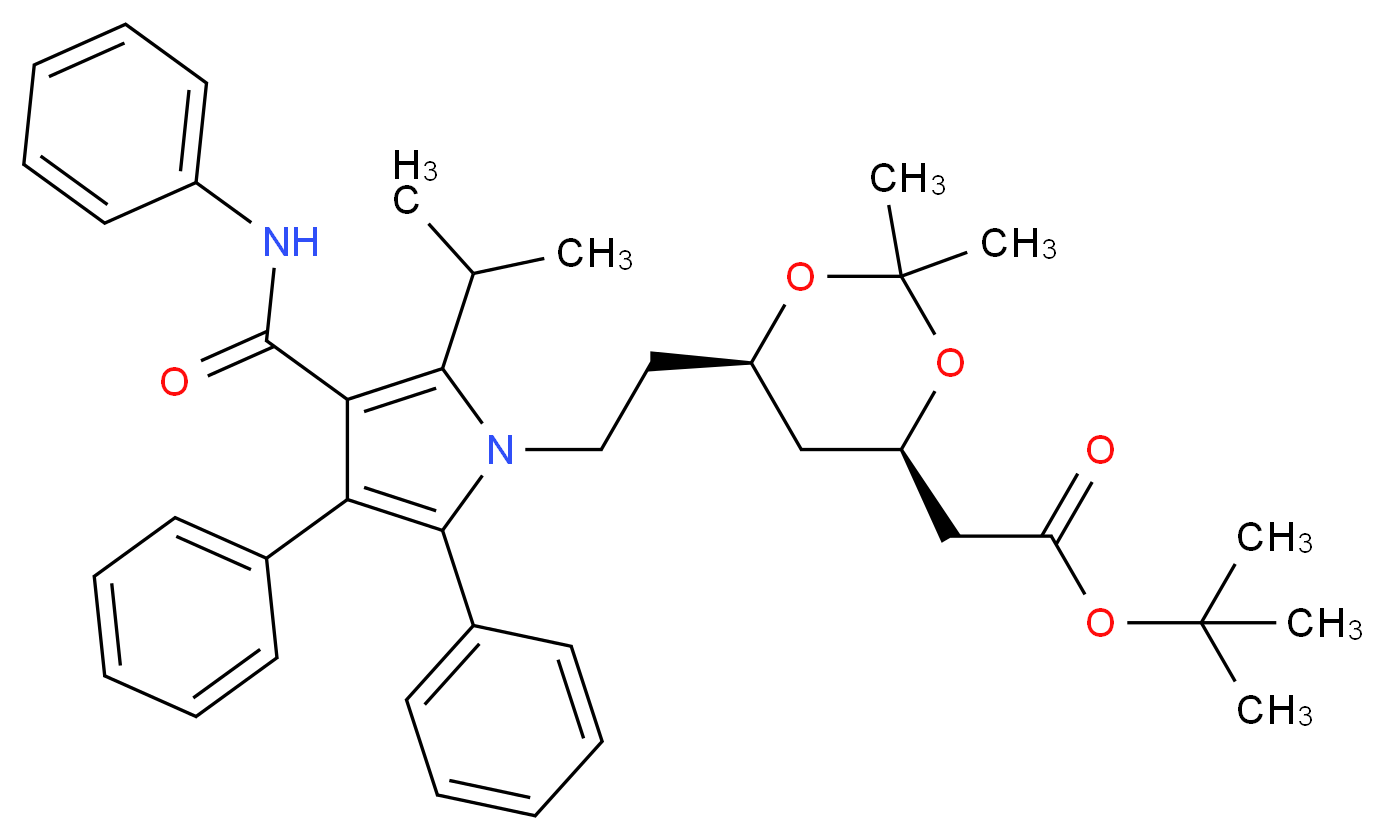 tert-butyl 2-[(4R,6R)-6-{2-[2,3-diphenyl-4-(phenylcarbamoyl)-5-(propan-2-yl)-1H-pyrrol-1-yl]ethyl}-2,2-dimethyl-1,3-dioxan-4-yl]acetate_分子结构_CAS_1105067-91-1