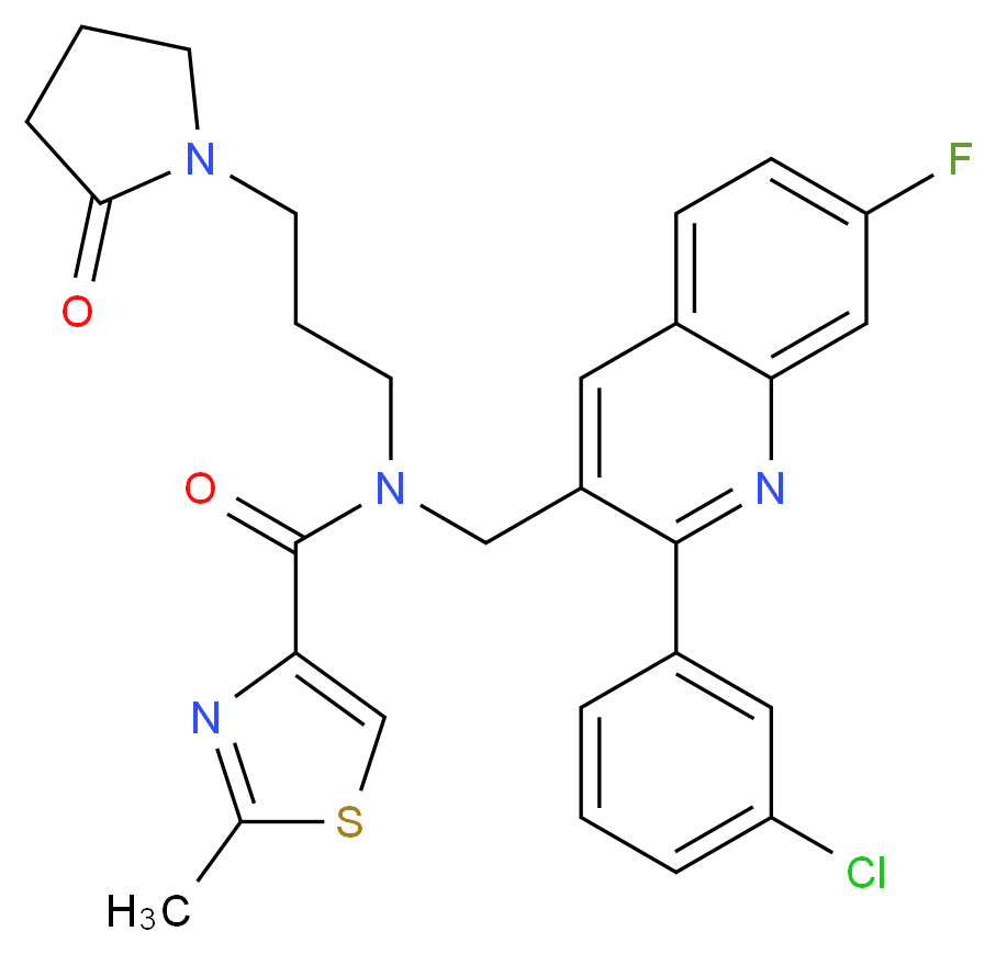 N-{[2-(3-chlorophenyl)-7-fluoro-3-quinolinyl]methyl}-2-methyl-N-[3-(2-oxo-1-pyrrolidinyl)propyl]-1,3-thiazole-4-carboxamide_分子结构_CAS_)