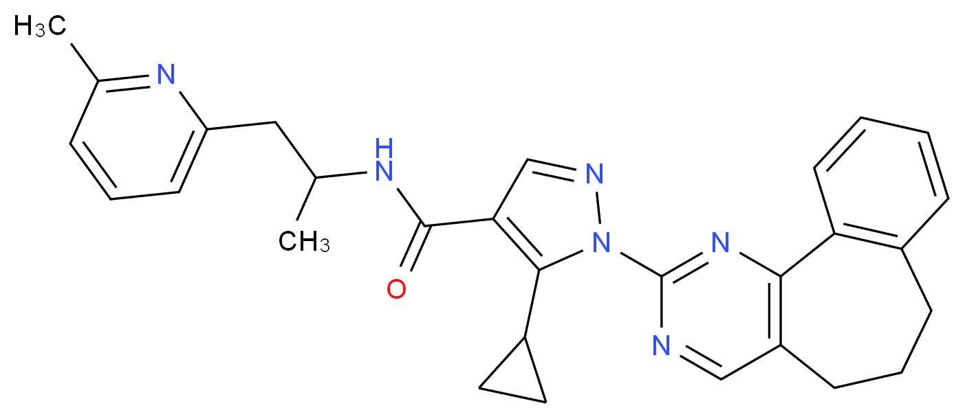 5-cyclopropyl-1-(6,7-dihydro-5H-benzo[6,7]cyclohepta[1,2-d]pyrimidin-2-yl)-N-[1-methyl-2-(6-methyl-2-pyridinyl)ethyl]-1H-pyrazole-4-carboxamide_分子结构_CAS_)