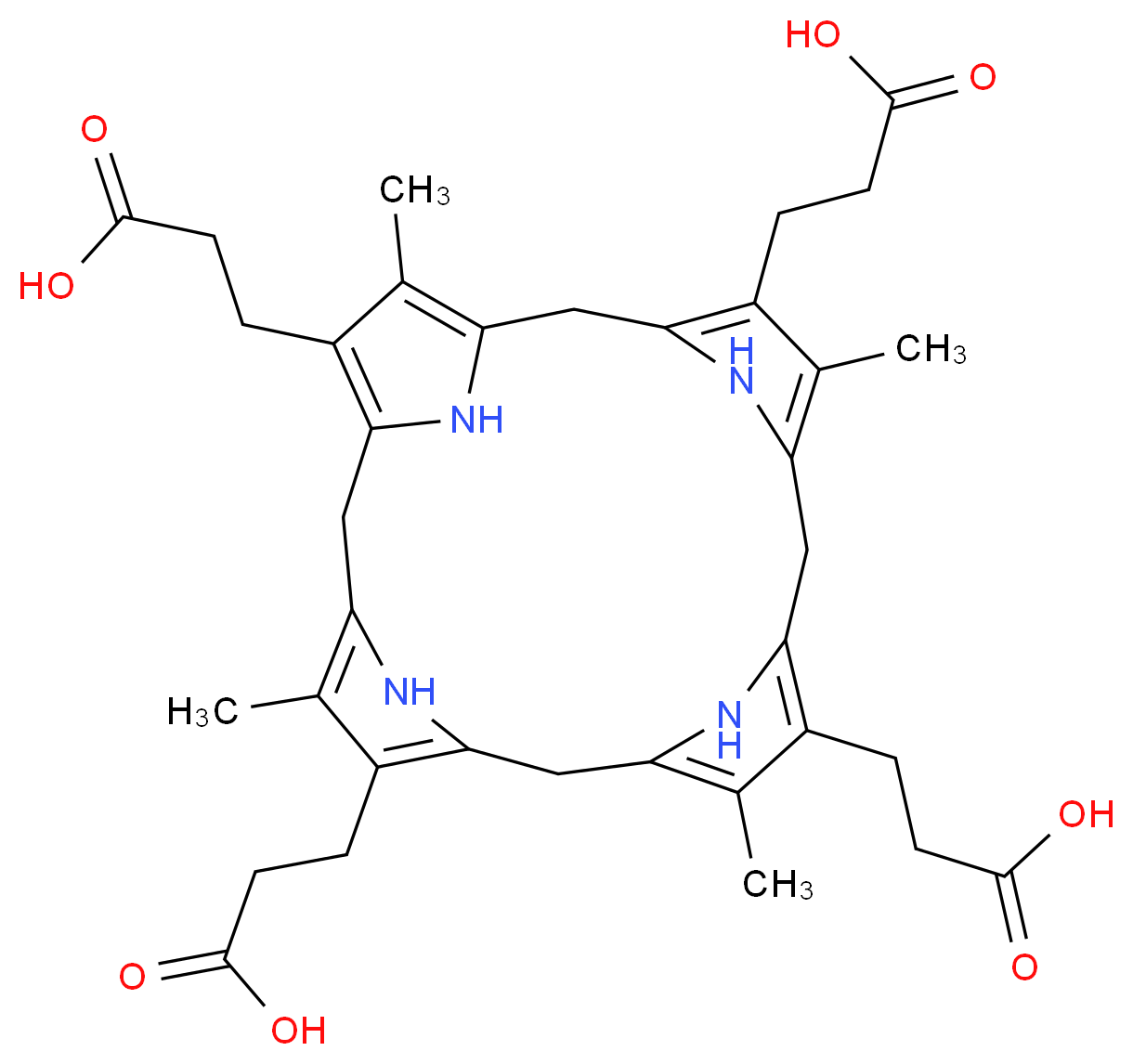 3-[9,14,19-tris(2-carboxyethyl)-5,10,15,20-tetramethyl-21,22,23,24-tetraazapentacyclo[16.2.1.1^{3,6}.1^{8,11}.1^{13,16}]tetracosa-1(20),3,5,8,10,13,15,18-octaen-4-yl]propanoic acid_分子结构_CAS_31110-56-2