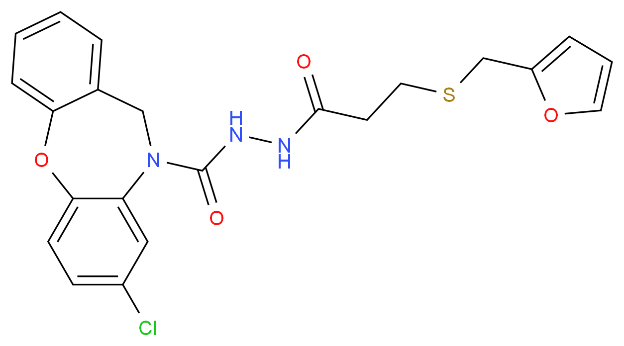 N'-{6-chloro-2-oxa-9-azatricyclo[9.4.0.0<sup>3</sup>,<sup>8</sup>]pentadeca-1(15),3,5,7,11,13-hexaene-9-carbonyl}-3-[(furan-2-ylmethyl)sulfanyl]propanehydrazide_分子结构_CAS_146032-79-3