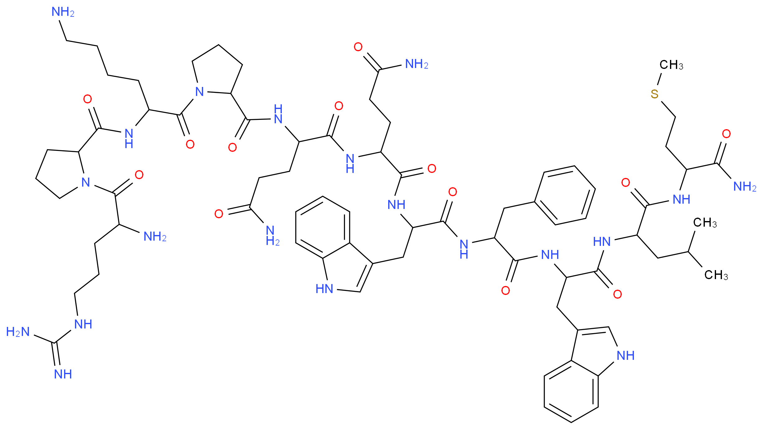 2-{[1-(6-amino-2-{[1-(2-amino-5-carbamimidamidopentanoyl)pyrrolidin-2-yl]formamido}hexanoyl)pyrrolidin-2-yl]formamido}-N-{3-carbamoyl-1-[(1-{[1-({1-[(1-{[1-carbamoyl-3-(methylsulfanyl)propyl]carbamoyl}-3-methylbutyl)carbamoyl]-2-(1H-indol-3-yl)ethyl}carbamoyl)-2-phenylethyl]carbamoyl}-2-(1H-indol-3-yl)ethyl)carbamoyl]propyl}pentanediamide_分子结构_CAS_80434-86-2