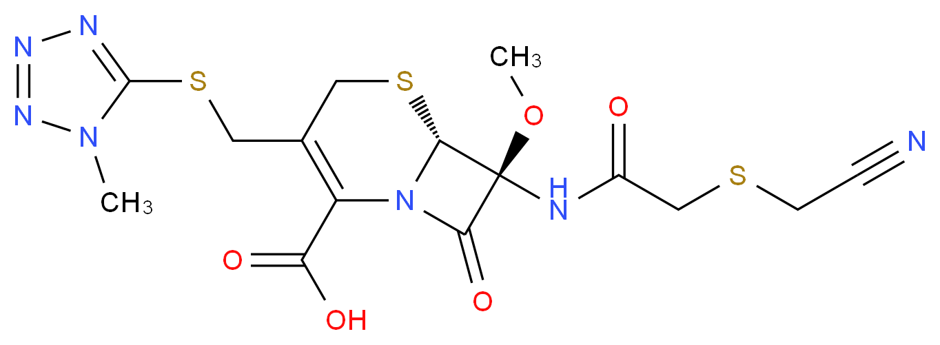 (6R,7S)-7-{2-[(cyanomethyl)sulfanyl]acetamido}-7-methoxy-3-{[(1-methyl-1H-1,2,3,4-tetrazol-5-yl)sulfanyl]methyl}-8-oxo-5-thia-1-azabicyclo[4.2.0]oct-2-ene-2-carboxylic acid_分子结构_CAS_56796-20-4