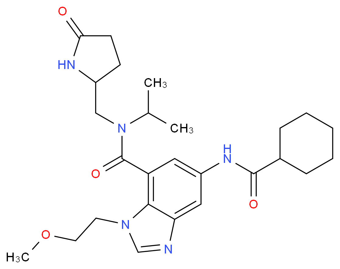 5-[(cyclohexylcarbonyl)amino]-N-isopropyl-1-(2-methoxyethyl)-N-[(5-oxo-2-pyrrolidinyl)methyl]-1H-benzimidazole-7-carboxamide_分子结构_CAS_)