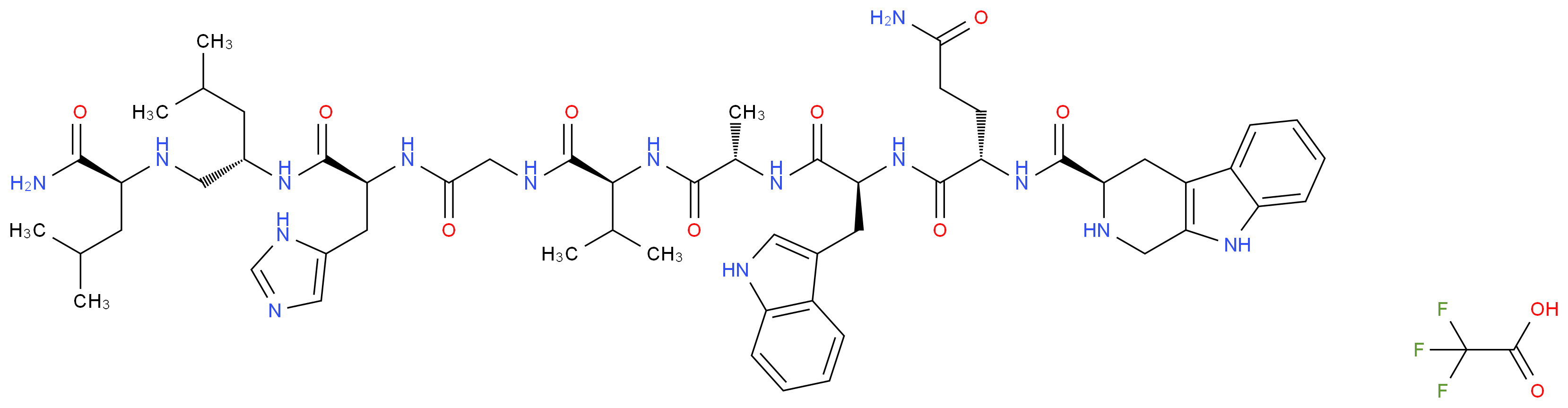 (2S)-N-[(1S)-1-{[(1S)-1-{[(1S)-1-[({[(1S)-1-{[(2S)-1-{[(1S)-1-carbamoyl-3-methylbutyl]amino}-4-methylpentan-2-yl]carbamoyl}-2-(1H-imidazol-5-yl)ethyl]carbamoyl}methyl)carbamoyl]-2-methylpropyl]carbamoyl}ethyl]carbamoyl}-2-(1H-indol-3-yl)ethyl]-2-[(3R)-1H,2H,3H,4H,9H-pyrido[3,4-b]indol-3-ylformamido]pentanediamide; trifluoroacetic acid_分子结构_CAS_138147-78-1