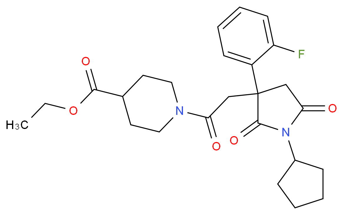ethyl 1-{[1-cyclopentyl-3-(2-fluorophenyl)-2,5-dioxo-3-pyrrolidinyl]acetyl}-4-piperidinecarboxylate_分子结构_CAS_)