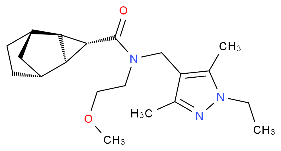 (1R*,2S*,4R*,5S*)-N-[(1-ethyl-3,5-dimethyl-1H-pyrazol-4-yl)methyl]-N-(2-methoxyethyl)tricyclo[3.2.1.0~2,4~]octane-3-carboxamide_分子结构_CAS_)