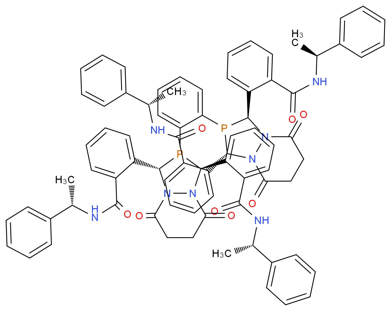 2-[(1S,3S)-2-{2-[(1S,3S)-5,8-dioxo-1,3-bis(2-{[(1S)-1-phenylethyl]carbamoyl}phenyl)-hexahydro-1H-[1,2,4]diazaphospholo[1,2-a]pyridazin-2-yl]phenyl}-5,8-dioxo-3-(2-{[(1S)-1-phenylethyl]carbamoyl}phenyl)-hexahydro-1H-[1,2,4]diazaphospholo[1,2-a]pyridazin-1-yl]-N-[(1S)-1-phenylethyl]benzamide_分子结构_CAS_851770-14-4