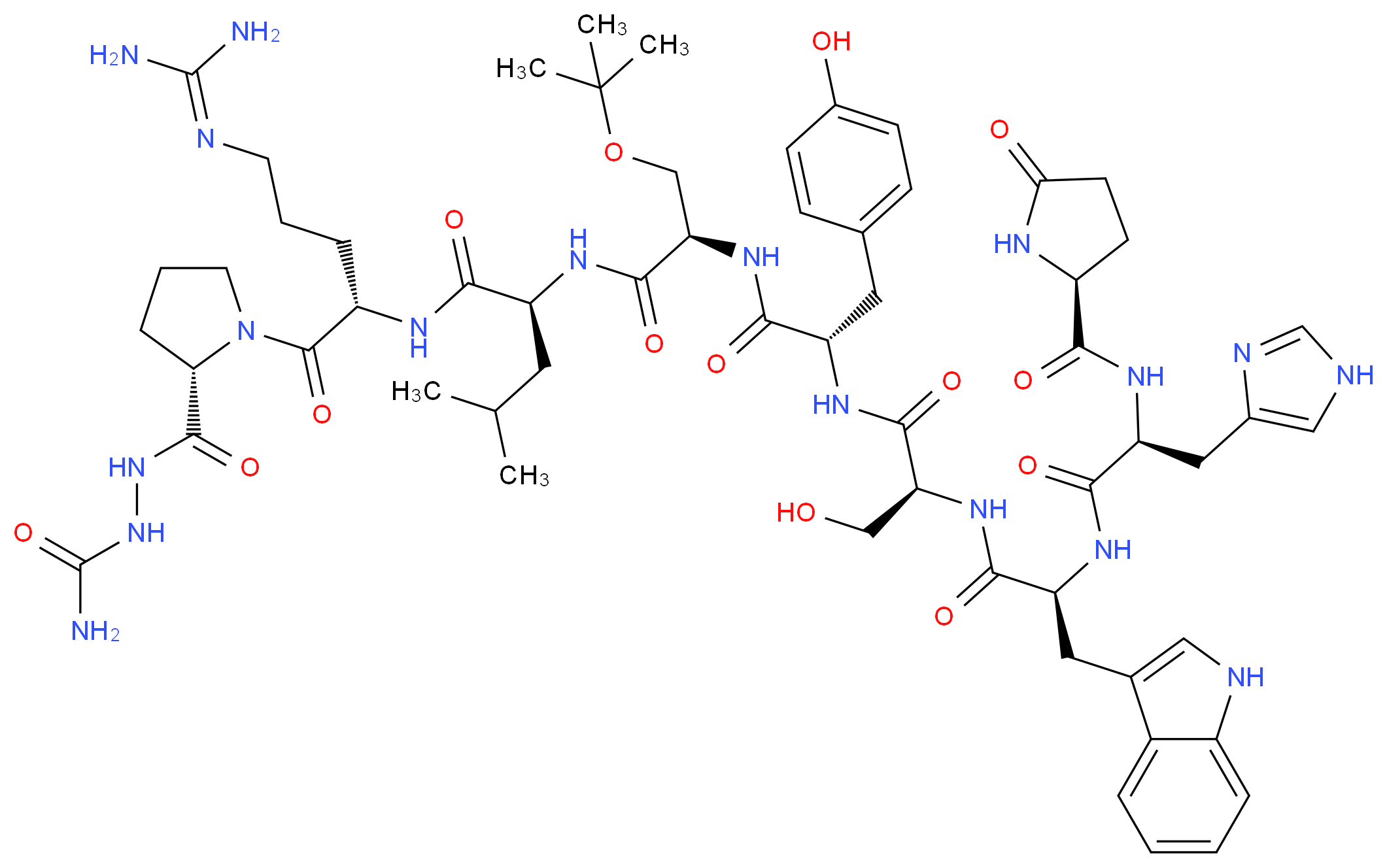 (2S)-1-[(2S)-2-[(2S)-2-[(2R)-3-(tert-butoxy)-2-[(2S)-2-[(2S)-3-hydroxy-2-[(2S)-2-[(2S)-3-(1H-imidazol-4-yl)-2-{[(2S)-5-oxopyrrolidin-2-yl]formamido}propanamido]-3-(1H-indol-3-yl)propanamido]propanamido]-3-(4-hydroxyphenyl)propanamido]propanamido]-4-methylpentanamido]-5-[(diaminomethylidene)amino]pentanoyl]-N-(carbamoylamino)pyrrolidine-2-carboxamide_分子结构_CAS_65807-02-5