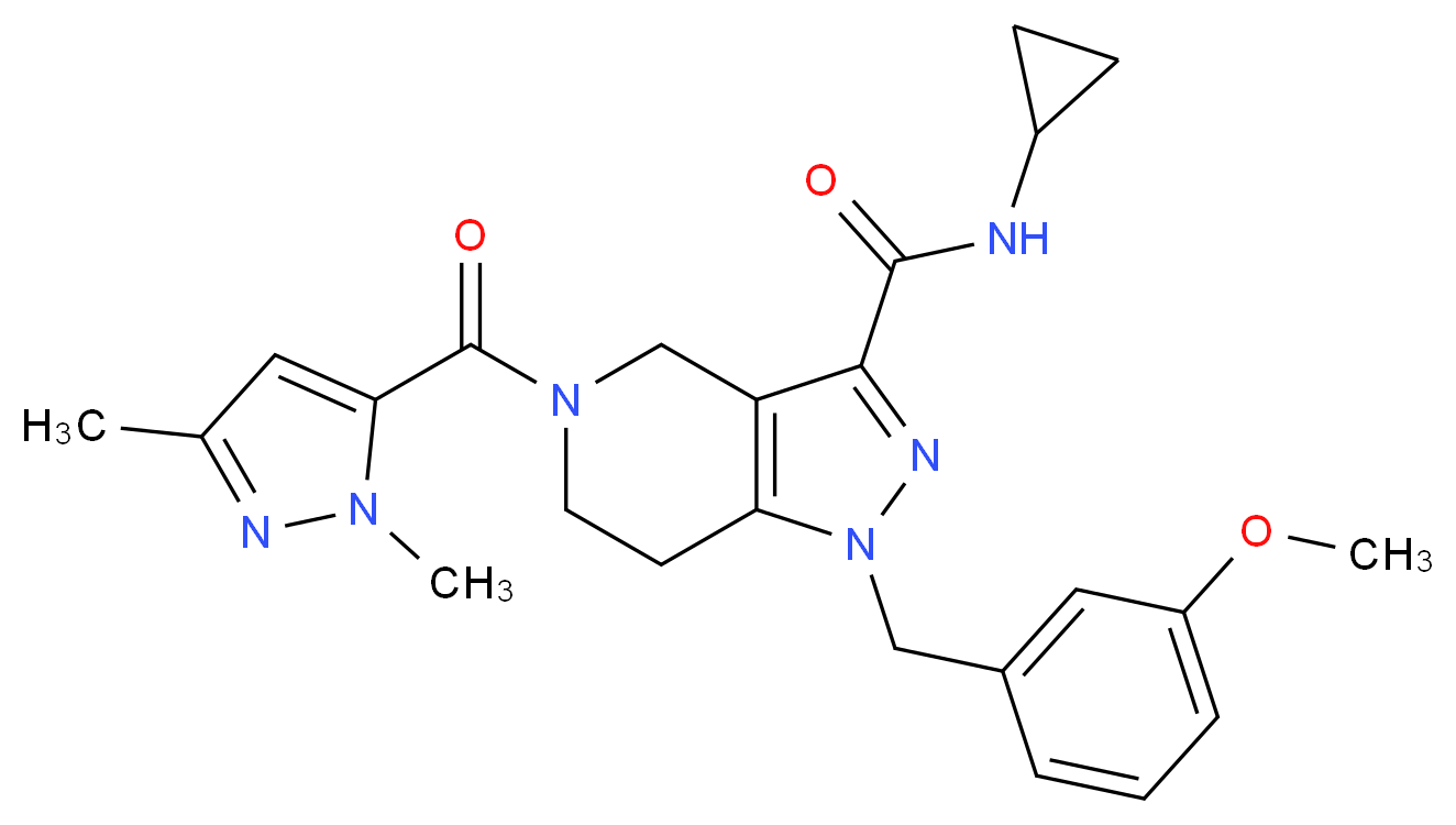 N-cyclopropyl-5-[(1,3-dimethyl-1H-pyrazol-5-yl)carbonyl]-1-(3-methoxybenzyl)-4,5,6,7-tetrahydro-1H-pyrazolo[4,3-c]pyridine-3-carboxamide_分子结构_CAS_)