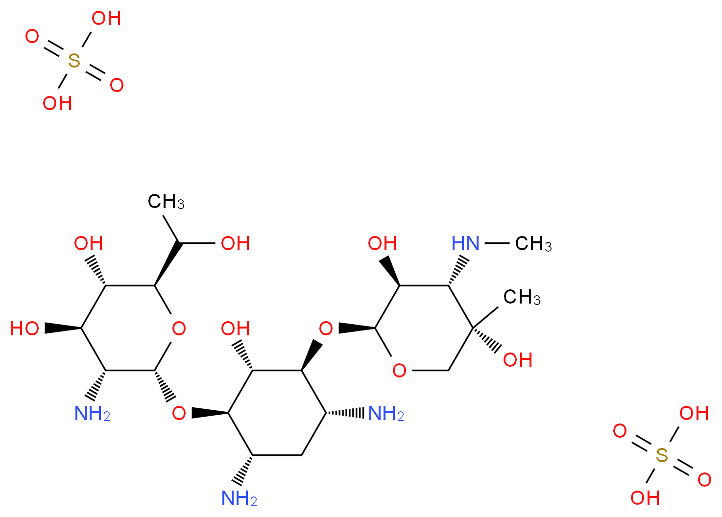 (2R,3S,4R,5R,6S)-5-amino-6-{[(1R,2S,3S,4R,6S)-4,6-diamino-3-{[(2S,3S,4S,5S)-3,5-dihydroxy-5-methyl-4-(methylamino)oxan-2-yl]oxy}-2-hydroxycyclohexyl]oxy}-2-(1-hydroxyethyl)oxane-3,4-diol; bis(sulfuric acid)_分子结构_CAS_108321-42-2