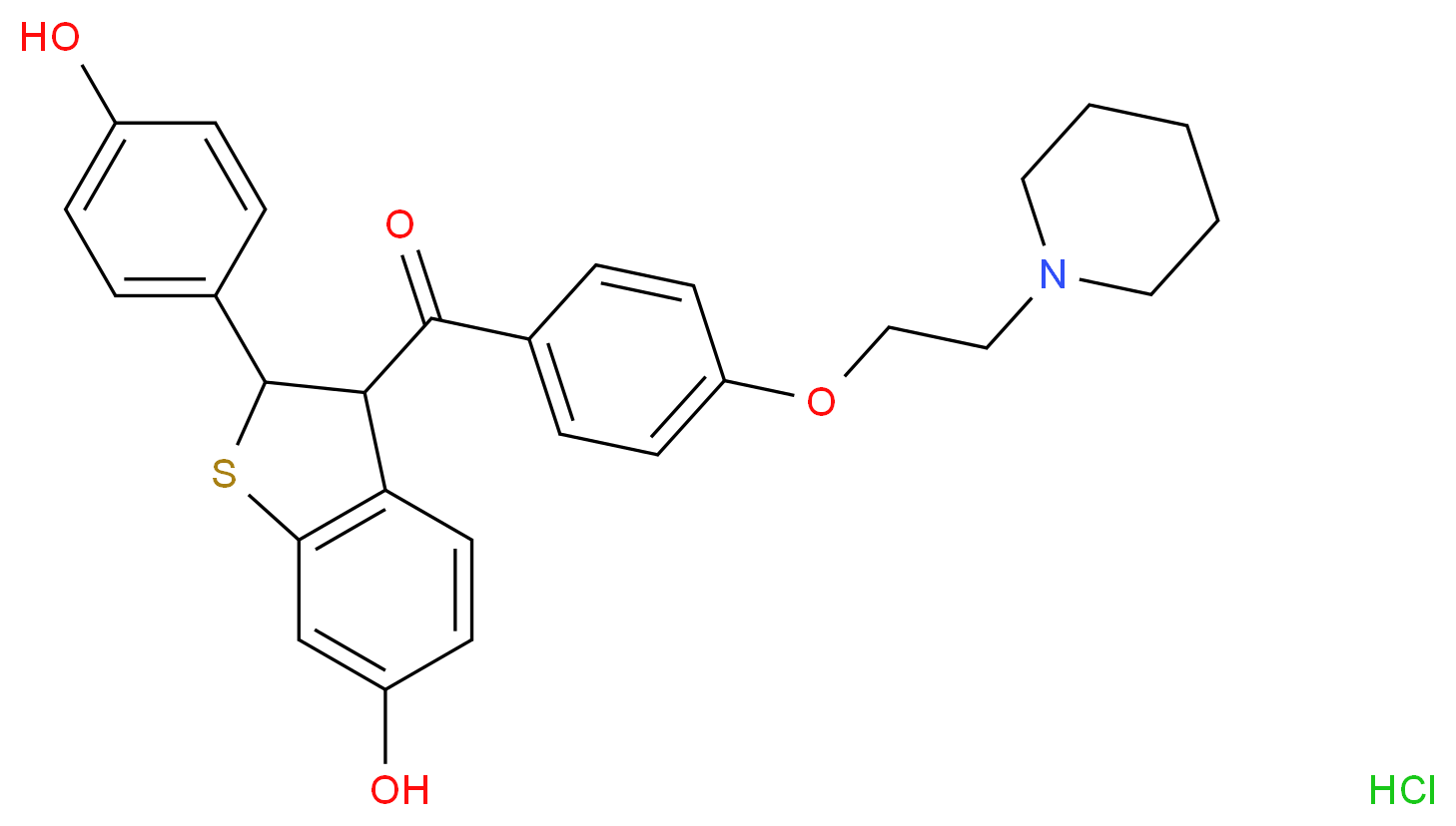 2-(4-hydroxyphenyl)-3-{4-[2-(piperidin-1-yl)ethoxy]benzoyl}-2,3-dihydro-1-benzothiophen-6-ol hydrochloride_分子结构_CAS_82640-04-8