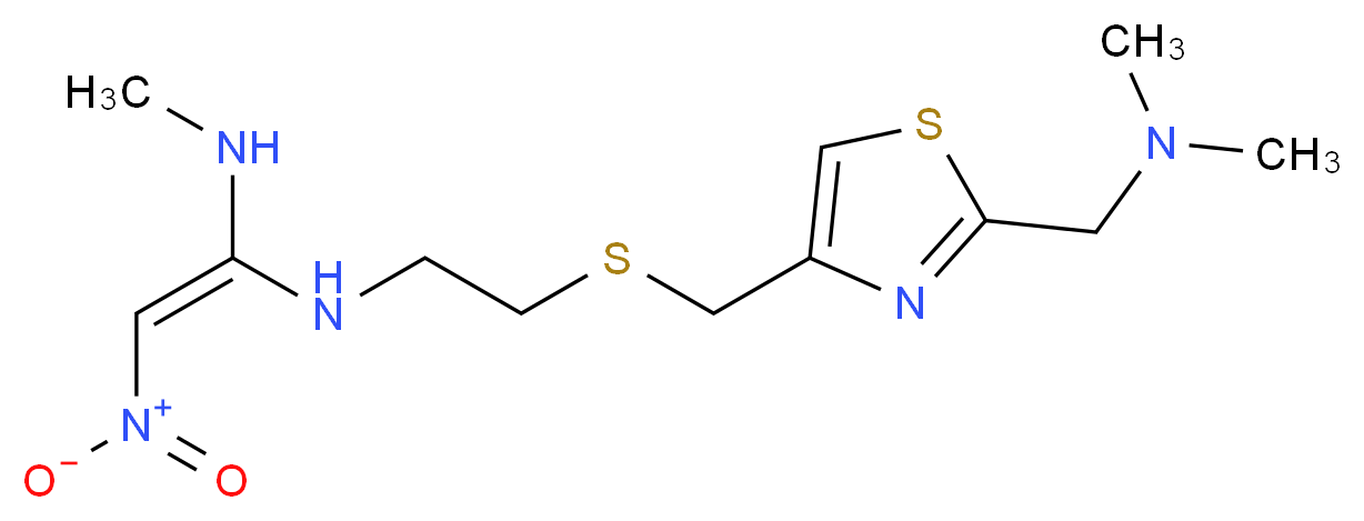 dimethyl[(4-{[(2-{[(Z)-1-(methylamino)-2-nitroethenyl]amino}ethyl)sulfanyl]methyl}-1,3-thiazol-2-yl)methyl]amine_分子结构_CAS_76963-41-2