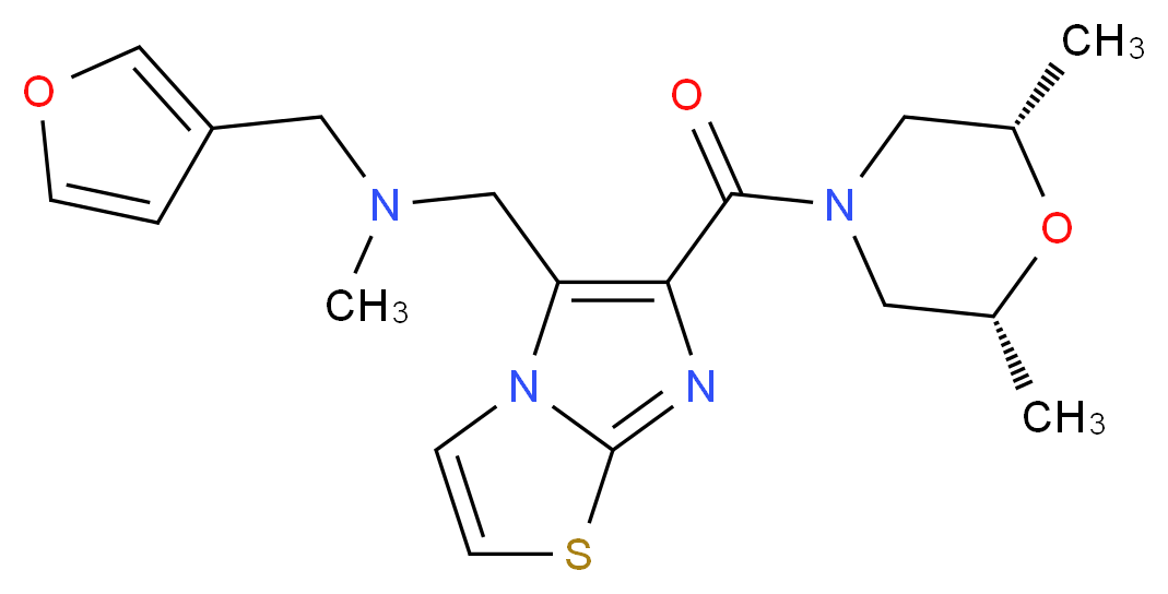 1-(6-{[(2R*,6S*)-2,6-dimethylmorpholin-4-yl]carbonyl}imidazo[2,1-b][1,3]thiazol-5-yl)-N-(3-furylmethyl)-N-methylmethanamine_分子结构_CAS_)