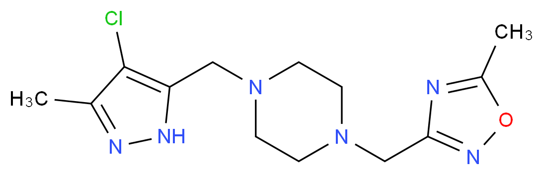 1-[(4-chloro-3-methyl-1H-pyrazol-5-yl)methyl]-4-[(5-methyl-1,2,4-oxadiazol-3-yl)methyl]piperazine_分子结构_CAS_)