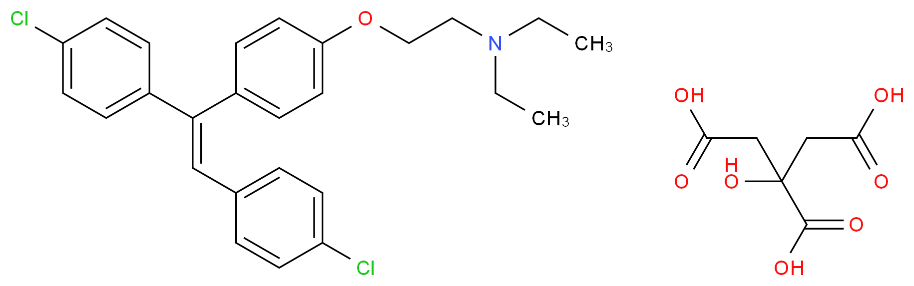 (2-{4-[(E)-1,2-bis(4-chlorophenyl)ethenyl]phenoxy}ethyl)diethylamine; 2-hydroxypropane-1,2,3-tricarboxylic acid_分子结构_CAS_117884-83-0