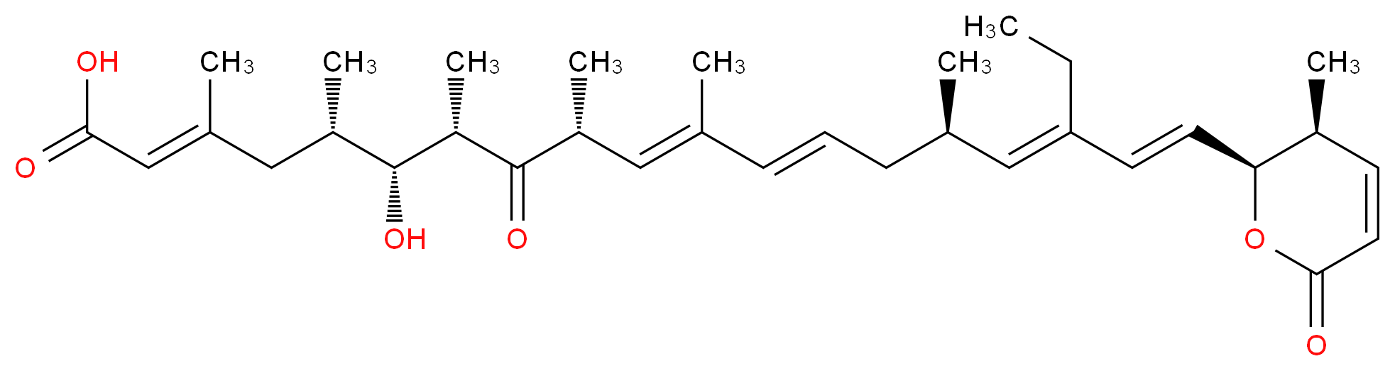 (2E,5S,6R,7S,9R,10E,12E,15R,16E,18E)-17-ethyl-6-hydroxy-3,5,7,9,11,15-hexamethyl-19-[(2S,3S)-3-methyl-6-oxo-3,6-dihydro-2H-pyran-2-yl]-8-oxononadeca-2,10,12,16,18-pentaenoic acid_分子结构_CAS_87081-35-4